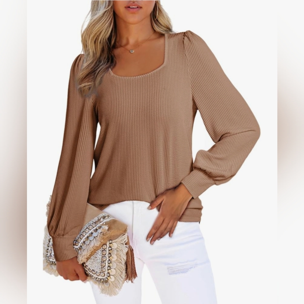 Tan Long Sleeve Square Neck Puff Sleeves  Relaxed Blouse Top Sz XL